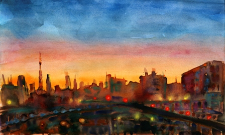 Painting of a city sunset