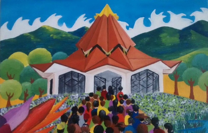 A painting of the Baha’i House of Worship for Norte del Cauca by artist Carlos Rosa