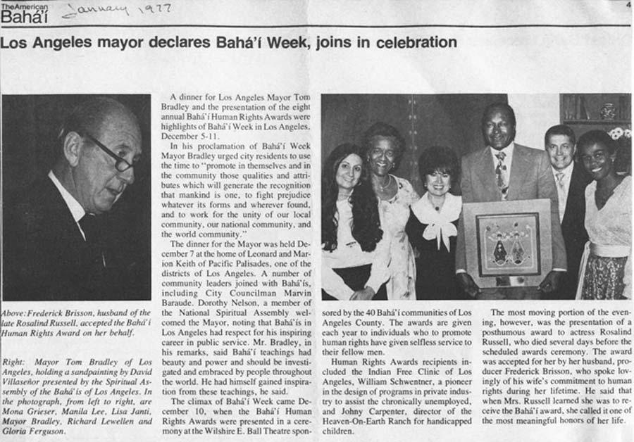Excerpt from Baha’i magazine "The American Baha’i" citing Mayor Tom Bradley visit to the Baha’i Center of Los Angeles.