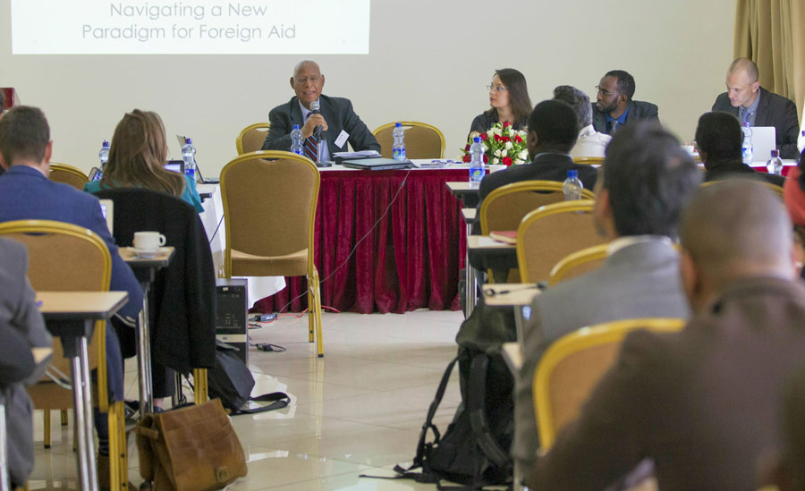 BIC Representative Prof. Techeste Ahderom chairing a session at a policy dissemination event "Emerging partners in Africa’s post-conflict recovery", held in Addis Ababa in June 2016.