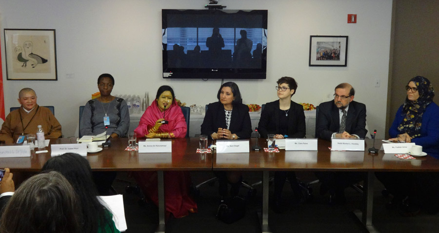 At the discussion hosted by the BIC to present its statement, panellists from several prominent NGOs joined Bani Dugal, Principal Representative of BIC to the UN (center), in a panel discussion on the economic structure of society, the role of the family, and the period of youth as they relate to gender equality.