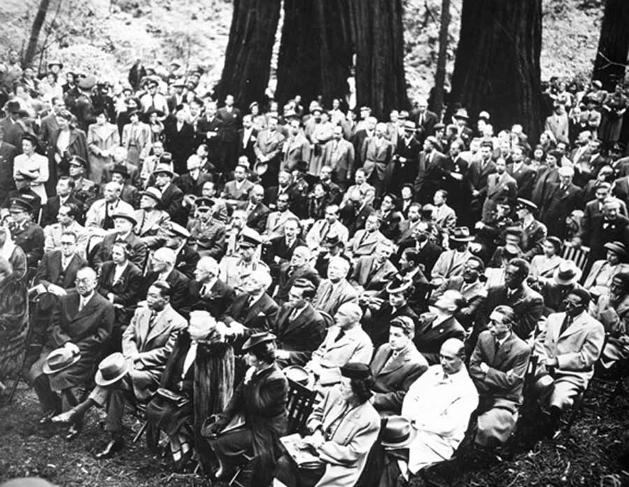 United Nation delegates, representing 46 different nations, attending a memorial service for President Franklin D. Roosevelt in Muir Woods National Monument. (photo circa 1945.)