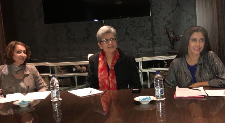 Current holder of the Baha’i Chair for World Peace, Prof. Hoda Mahmoudi (center), presented at two events in the United Arab Emirates last month.