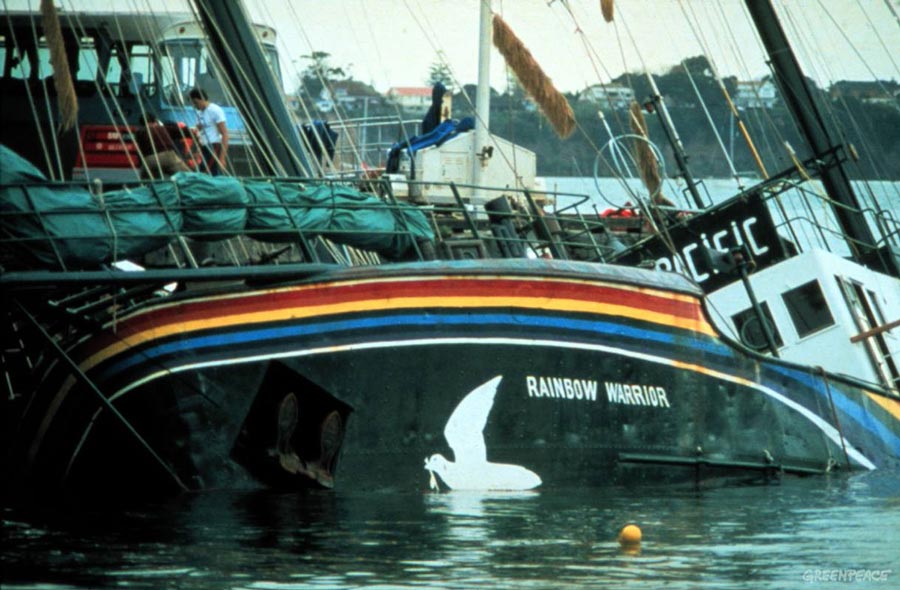 The sinking 'Rainbow Warrior' in Auckland, New Zealand (July 10, 1985).