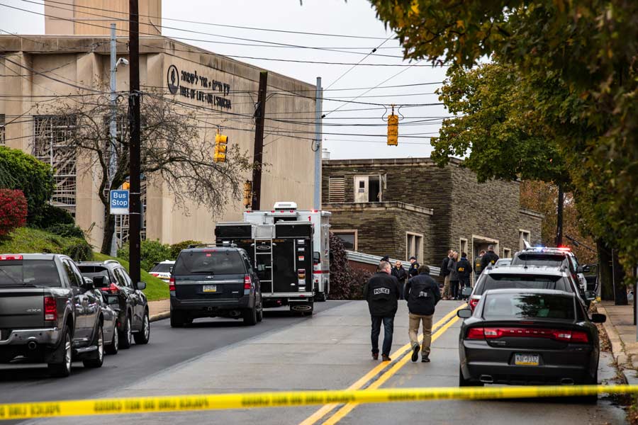 Police and FBI gather outside of Tree of Life synagogue in Pittsburgh, the scene of Saturday morning’s mass shooting.