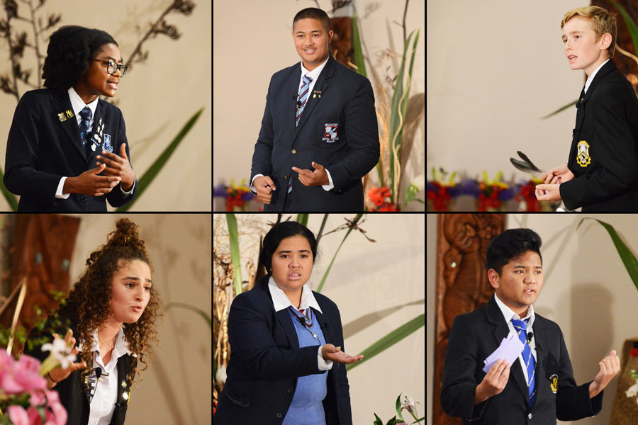 (Clockwise from top left) Takunda Muzondiwa, David Faalau-Solia, Robbie White, Michael Echague, Nina Gelashvili, and Sophie Saweirs were the six finalists who spoke at the Race Unity Speech Awards and Hui on Saturday in Auckland. The annual event is organized by the Baha’is, the national police, and other partners. (Credit: Ben Parkinson)