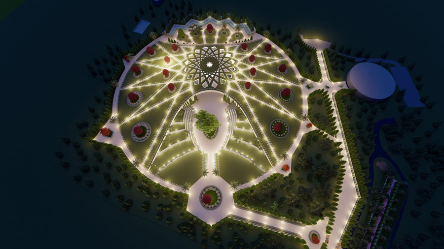 Nighttime bird’s eye view design concept of the Shrine of Abdu’l-Baha.