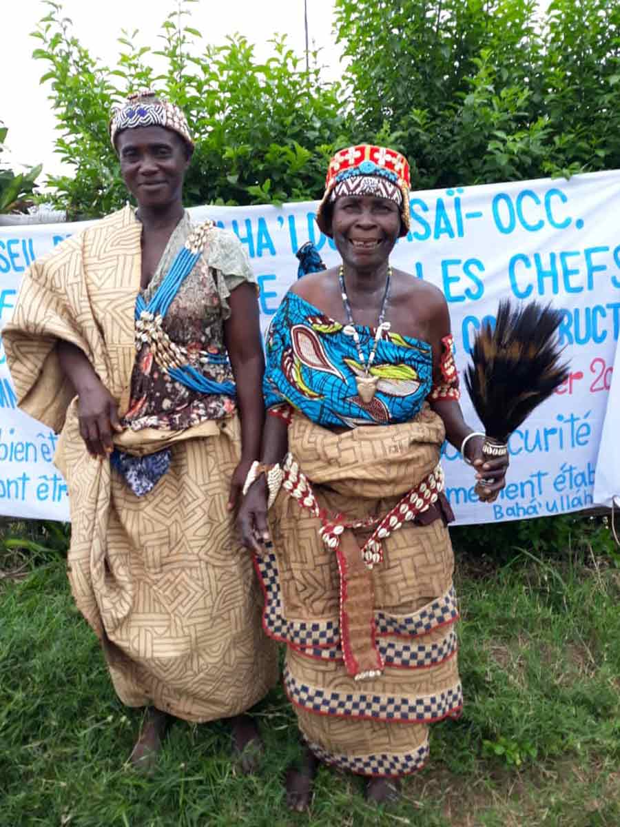 Chief Nkayi Matala of the Lushiku village (right) and Chief Mbindi Godée of the Ndenga Mongo village. These women were among dozens of traditional chiefs who came together at a conference in Kakenge, Central Kasai, described as “a remarkable step forward that opens up many new possibilities for realizing the unity of peoples and the prosperity of our communities.”