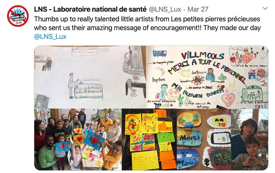 A message posted on Twitter by the National Health Laboritory in Dudelange, Luxembourg, in appreciation for cards and drawings sent by children who participate in a Baha’i moral education class.