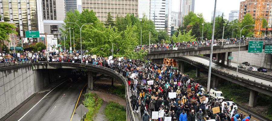 Protesters marching in downtown Seattle.