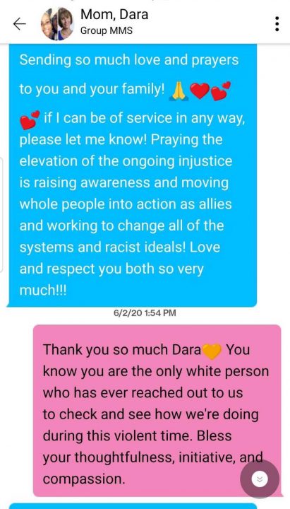 A text message Radiance Talley received from a white ally for social justice