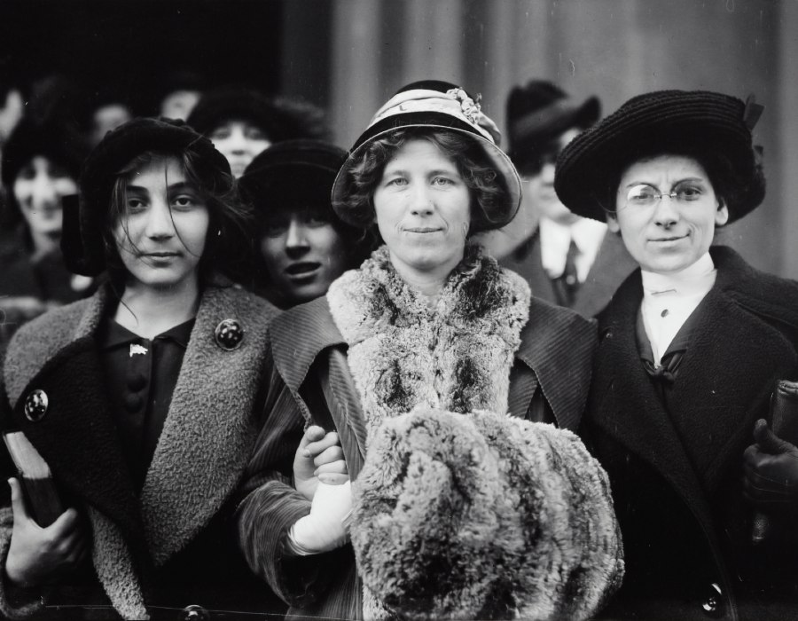 Suffrage and labor activist Flora Dodge "Fola" La Follette, social reformer and missionary Rose Livingston, and a young striker during a garment strike in New York City in 1913.