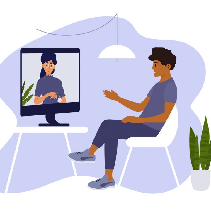 An illustration of a man speaking to his therapist over the computer