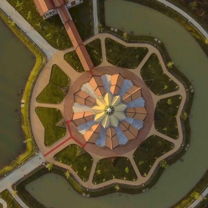 An aerial view of the Bahai temple in Cambodia.