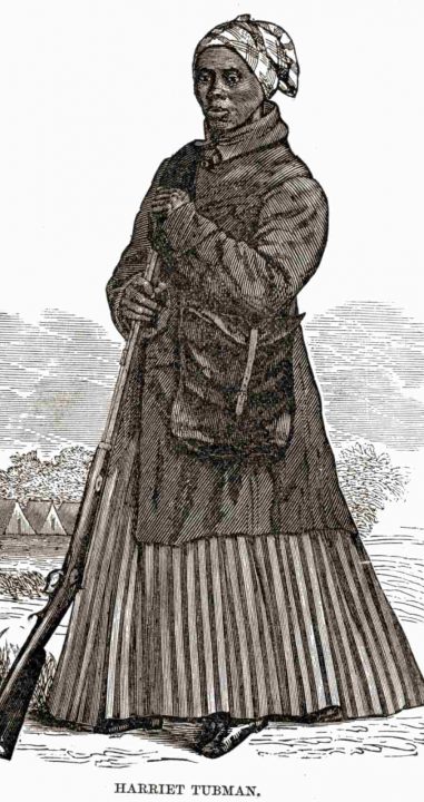 A woodcut of Harriet Tubman in her Civil War clothing