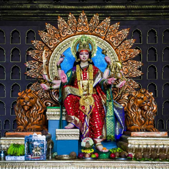 A Durga Devi temple in Mumbai, India during the festival of Navratri in 2019
