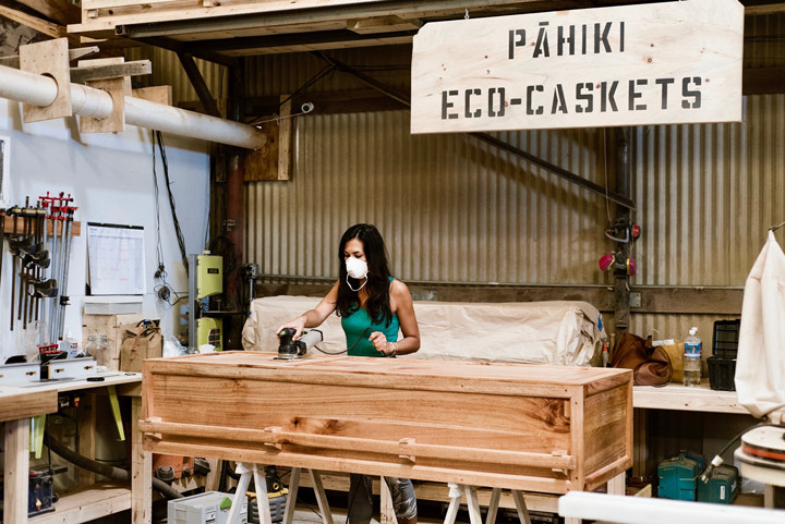 Courtney Gusik at work in the Pahiki Eco-Casket studio.