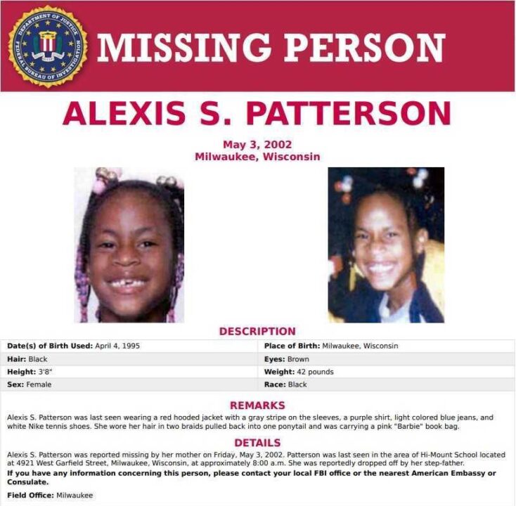 The FBI's missing person flyer for Alexis Patterson