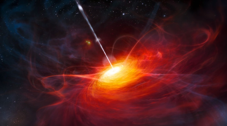 This artist’s impression shows how ULAS J1120+0641, a very distant quasar powered by a black hole with a mass two billion times that of the Sun, may have looked. This quasar is the most distant yet found and is seen as it was just 770 million years after the Big Bang. This object is by far the brightest object yet discovered in the early universe. Credit: ESO/M. Kornmesser. CC BY 4.0.