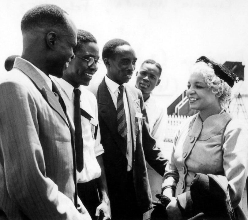 Enoch Olinga, later to be appointed a Hand of the Cause (second left), and Elsie Austin (right) with other Bahá’ís at the African Intercontinental Bahá’í Conference, Kampala, Uganda, 1953