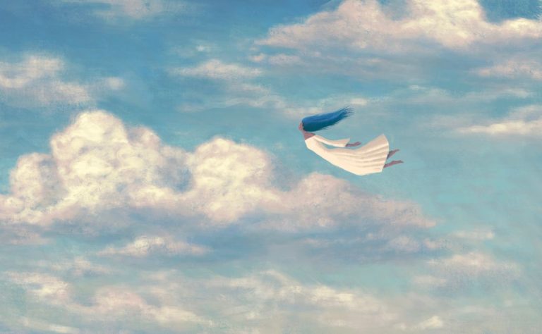 Illustration of woman with blue hair flying through the blue sky