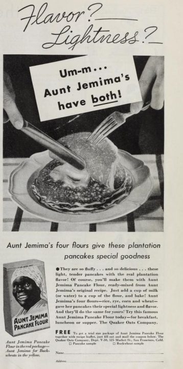 1935 advertisement for Aunt Jemima Pancake Flour -- an example of the Mammy stereotype