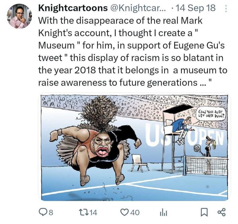 A tweet discussing HERALD Sun cartoonist Mark Knight’s 2018 racist drawing of Serena Williams, which exemplifies the Sapphire stereotype.