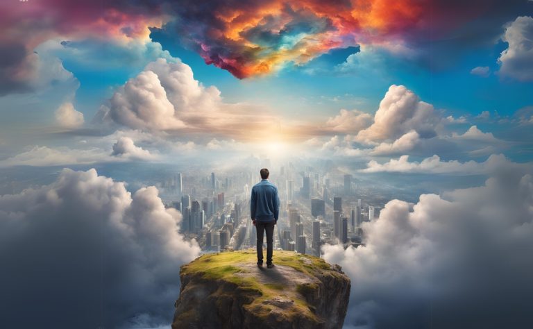 A person standing on a mountain top looking at colorful clouds and the city below.