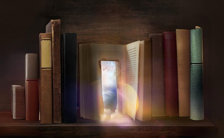 A book shelf with an open book that has a open door in the middle of the pages leading to a beautiful sky.