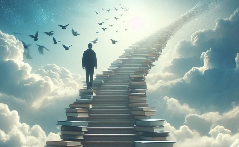 A person climbing stairs made of books leading to heaven: How to Acquire the Knowledge of God