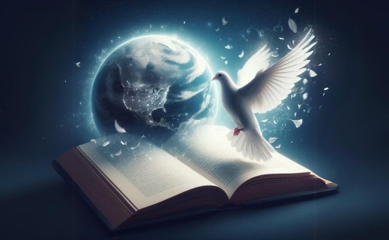 A white dove flying out of an open book