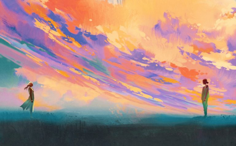 Ilustración de madre e hija adulta mirándose a la distancia