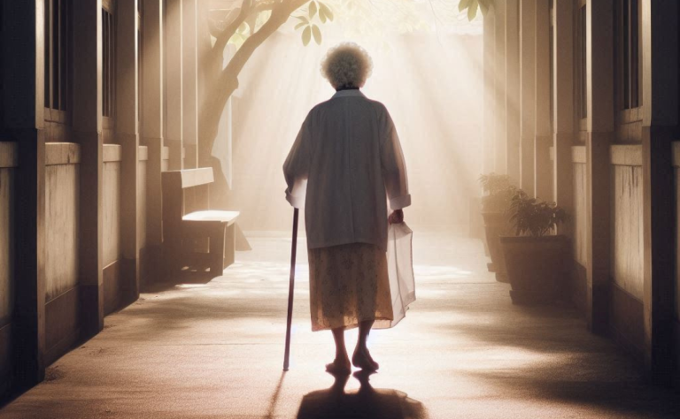 An old lady walking towards the light