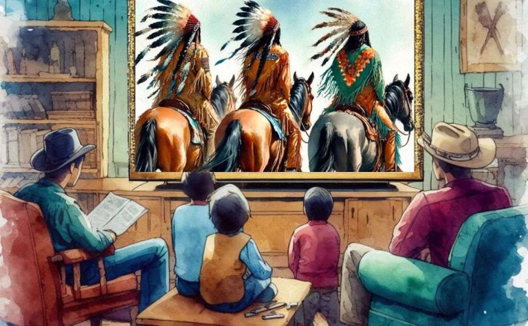 Western white family watching a stereotypical movie with Native Americans on the screen