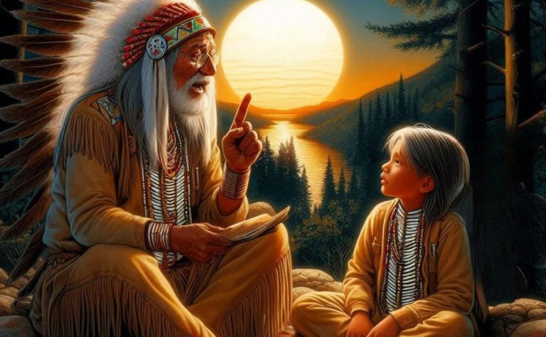 Native American grandfathering sharing a proverb or story to his grandson